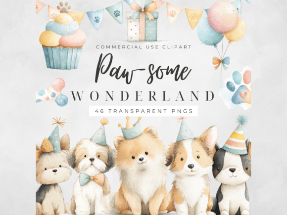 Paw-some Wonderland: Celebrate Your Dog's Birthday with Adorable Watercolor Clipart